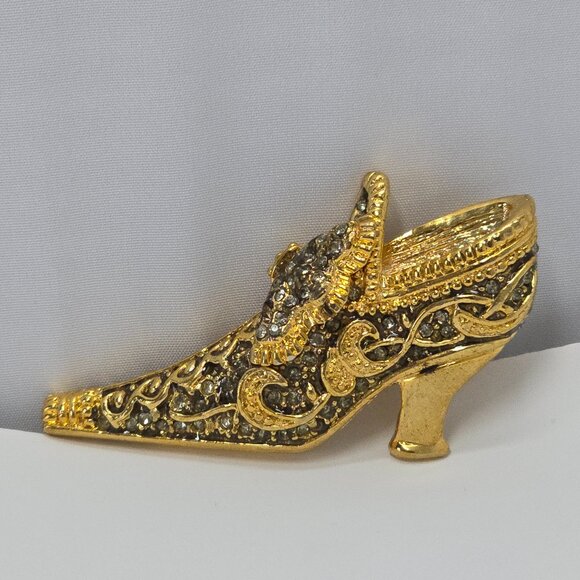 Vintage Gold Tone Rhinestone High Heel Shoe Brooch Baroque Victorian Slipper Pin - Picture 5 of 14